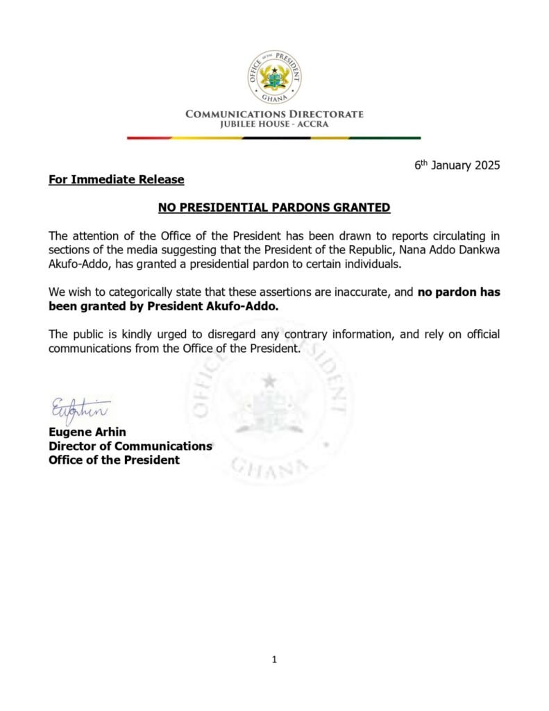 Office of the President Clarifies No Presidential Pardons Granted 