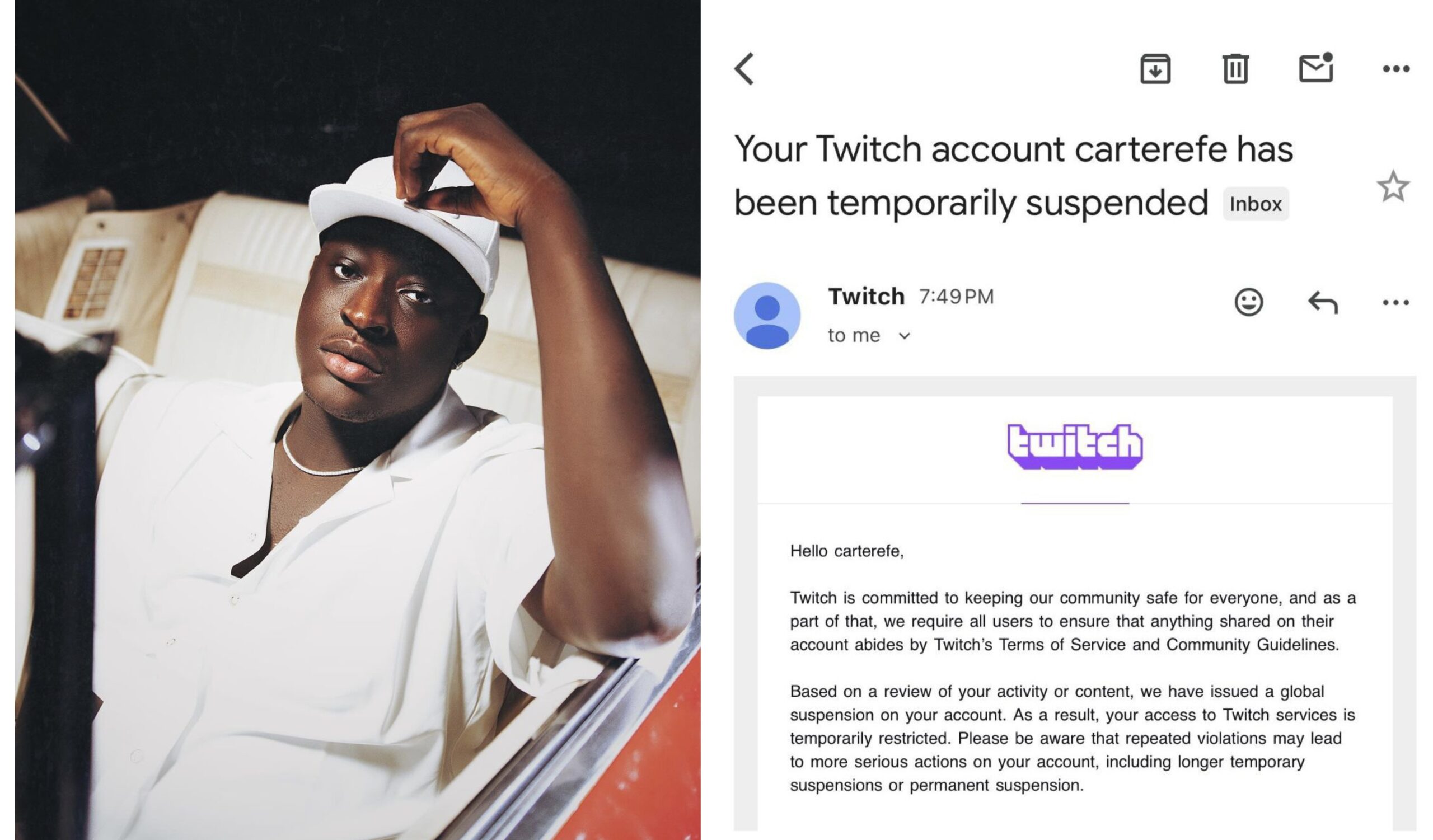 Carter Efe Temporarily Suspended on Twitch Despite Being