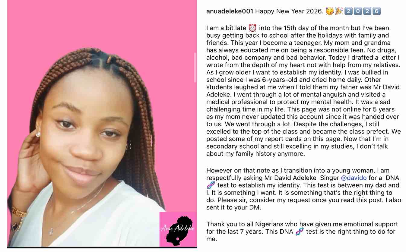 Teen Publicly Requests DNA Test to Confirm Nigeria Artiste Davido as Father