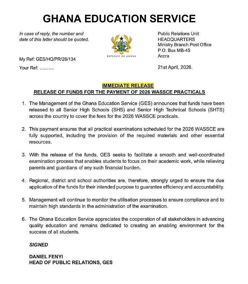 GES Releases WASSCE 2026 Practical Fees Funds