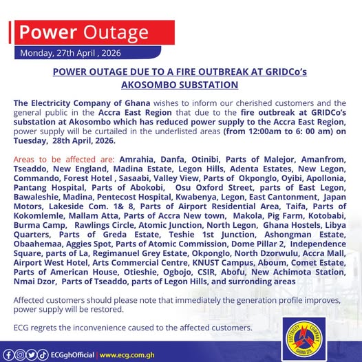NOTICE, ECG Scheduled Power Outages in Accra East Due to Akosombo Substation Fire