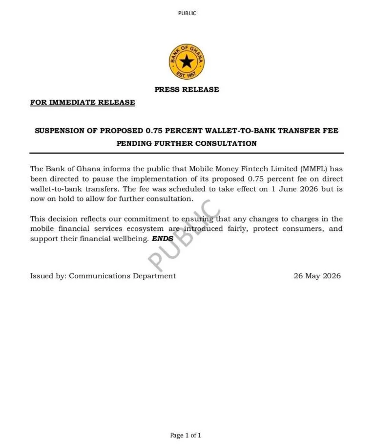 Bank of Ghana Halts Scheduled 0.75 Percent MTN MoMo to Bank Transaction Fee