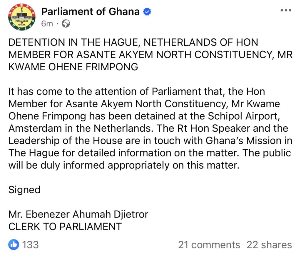 Ghana Parliament Confirms Detention of Asante Akyem North MP at Amsterdam Schiphol Airport