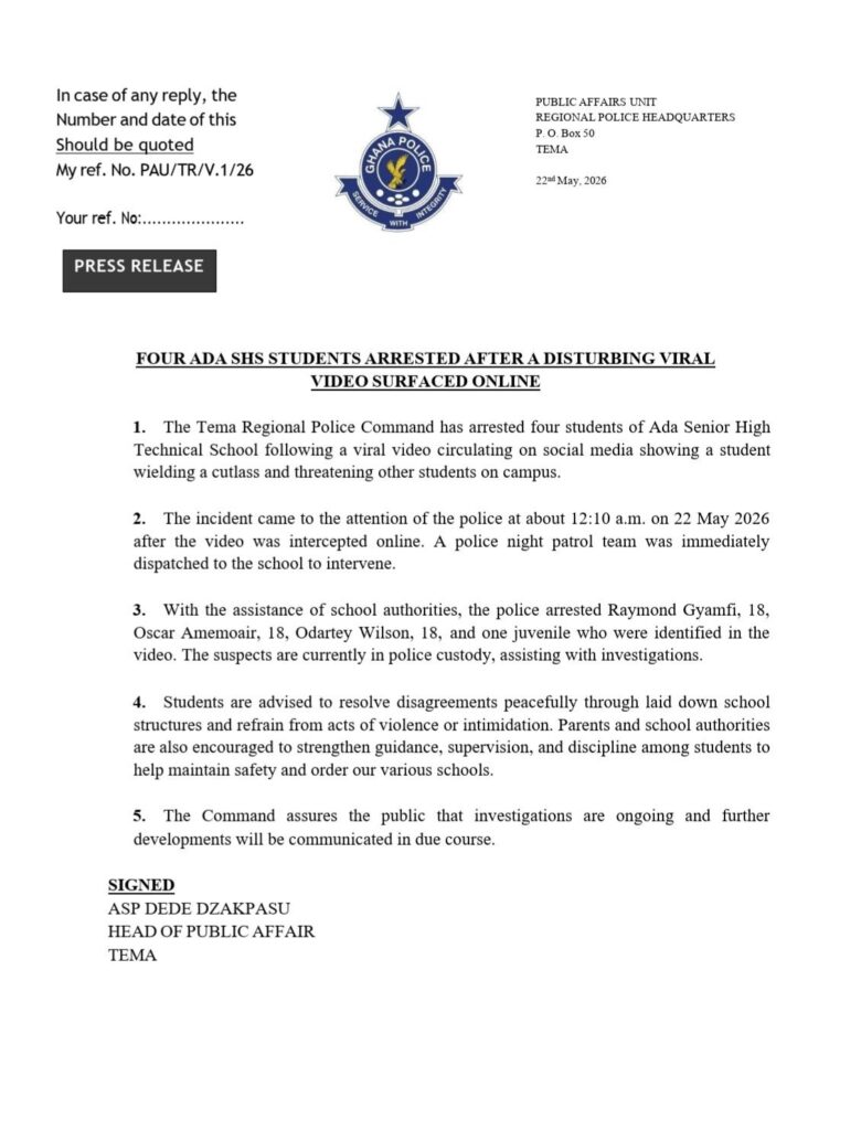 Tema Police Arrest Four Ada Senior High Technical School Students Over Viral Weapon Video