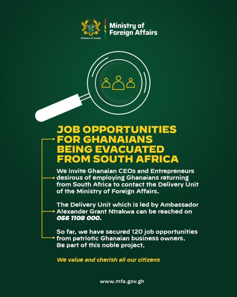 Ghana's Ministry of Foreign Affairs Secures Employment for Returnees from South Africa