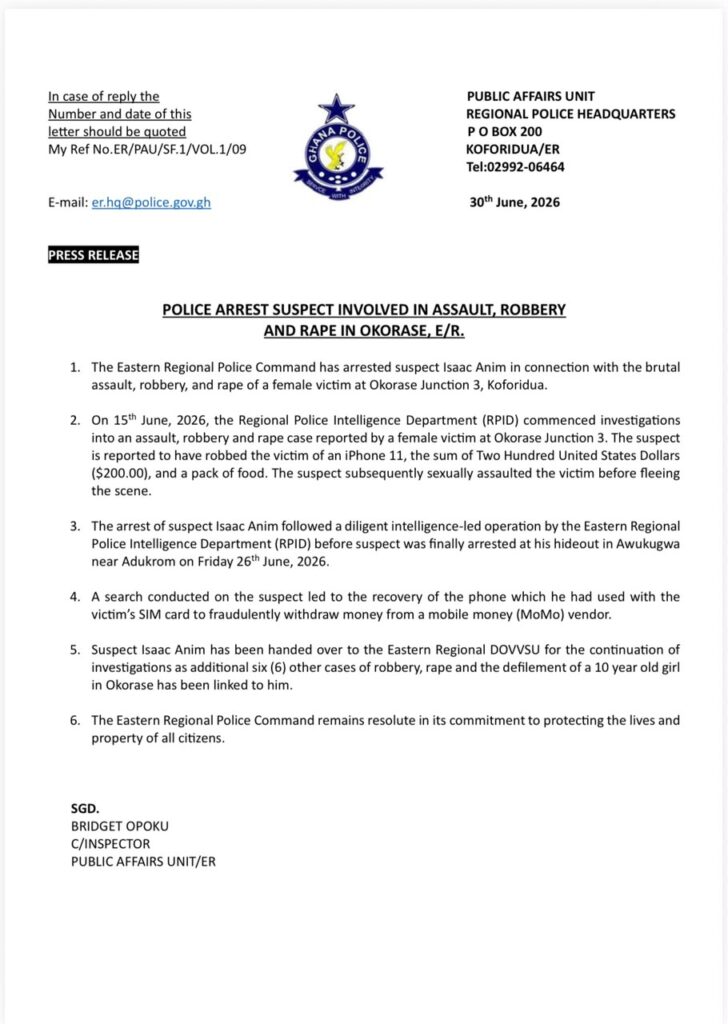 Koforidua Suspect Arrested for Assault, Robbery, and Rape After Intelligence-Led Operation