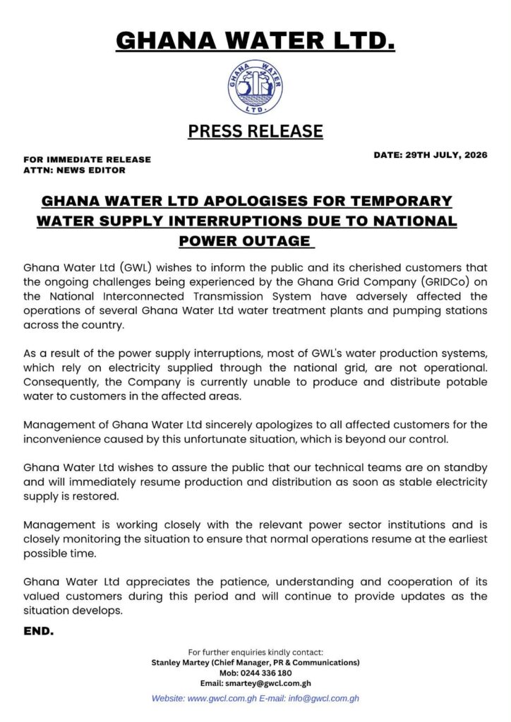 Ghana Water Apologizes For Nationwide Supply Outage