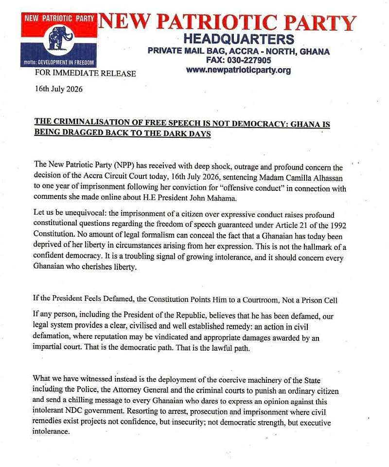 NPP Pledges Support for Jailed TikToker Camilla Alhassan