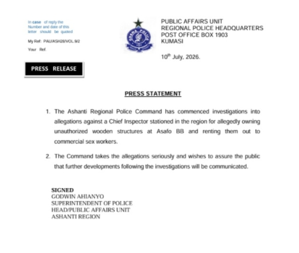 Police Chief Inspector in Kumasi is under investigation for allegedly owning Asafo prostitution establishments