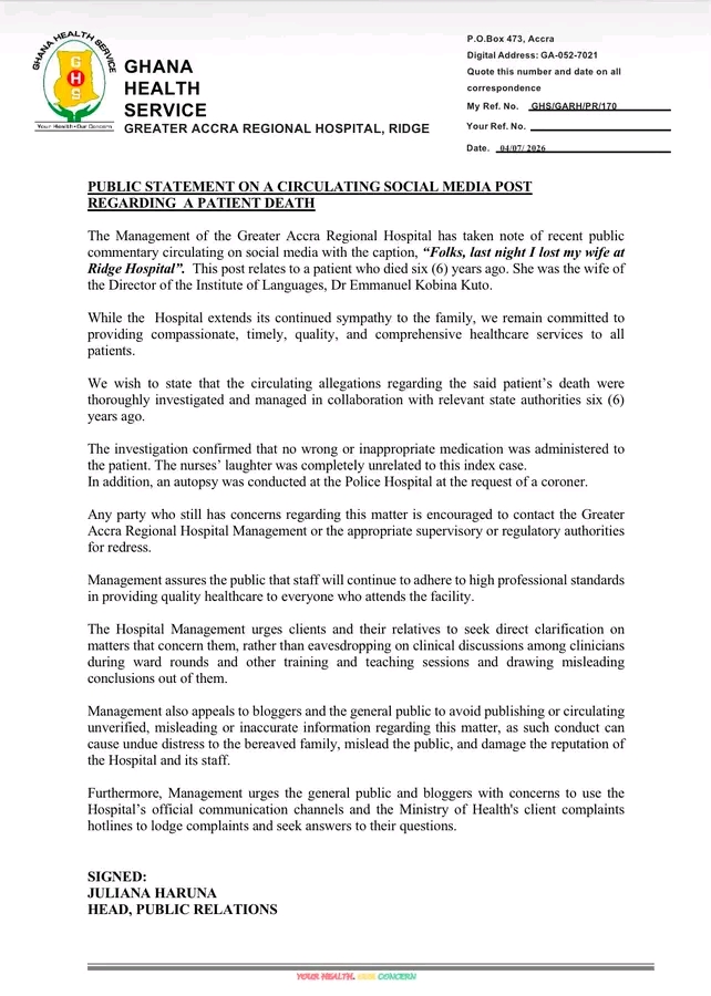 Ridge Hospital: The wife of the director of the Language Institute died without any wrongdoing
