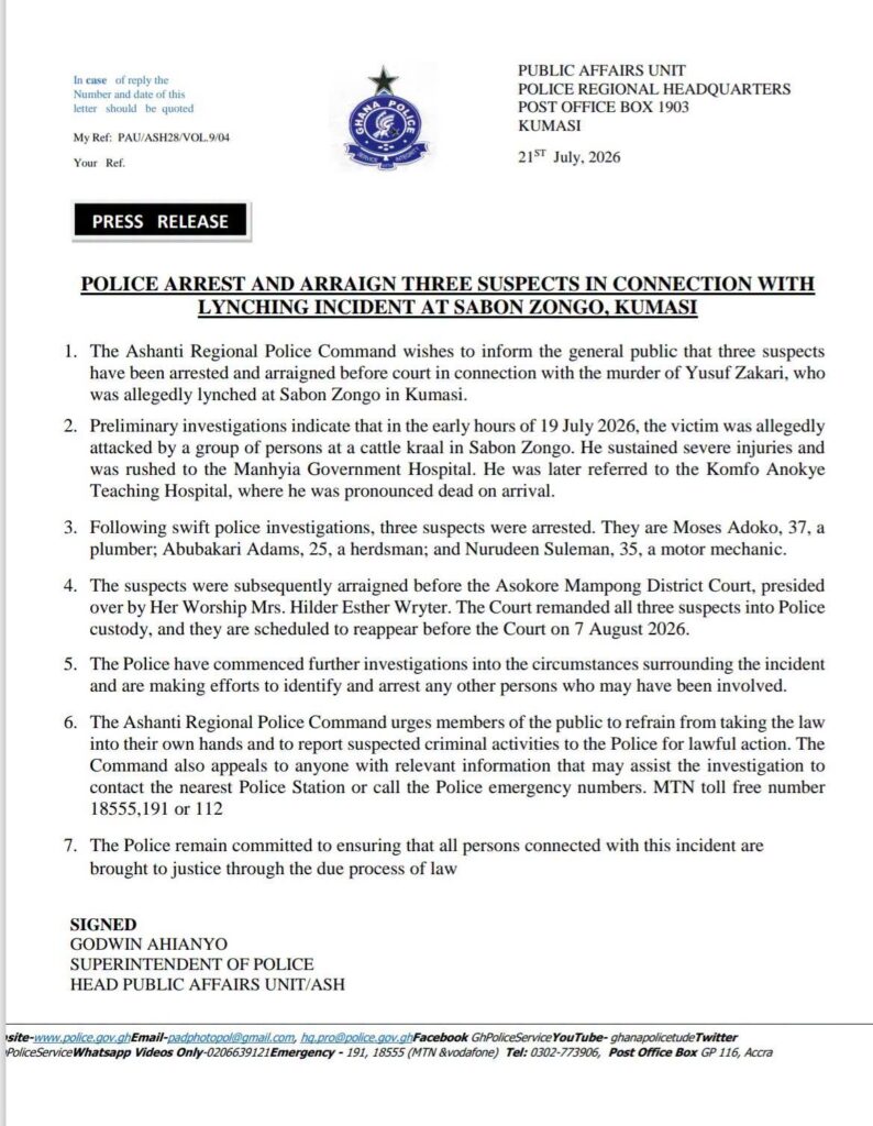 Three Suspects Remanded in Custody Over Alleged Sabon Zongo Lynching in Kumasi