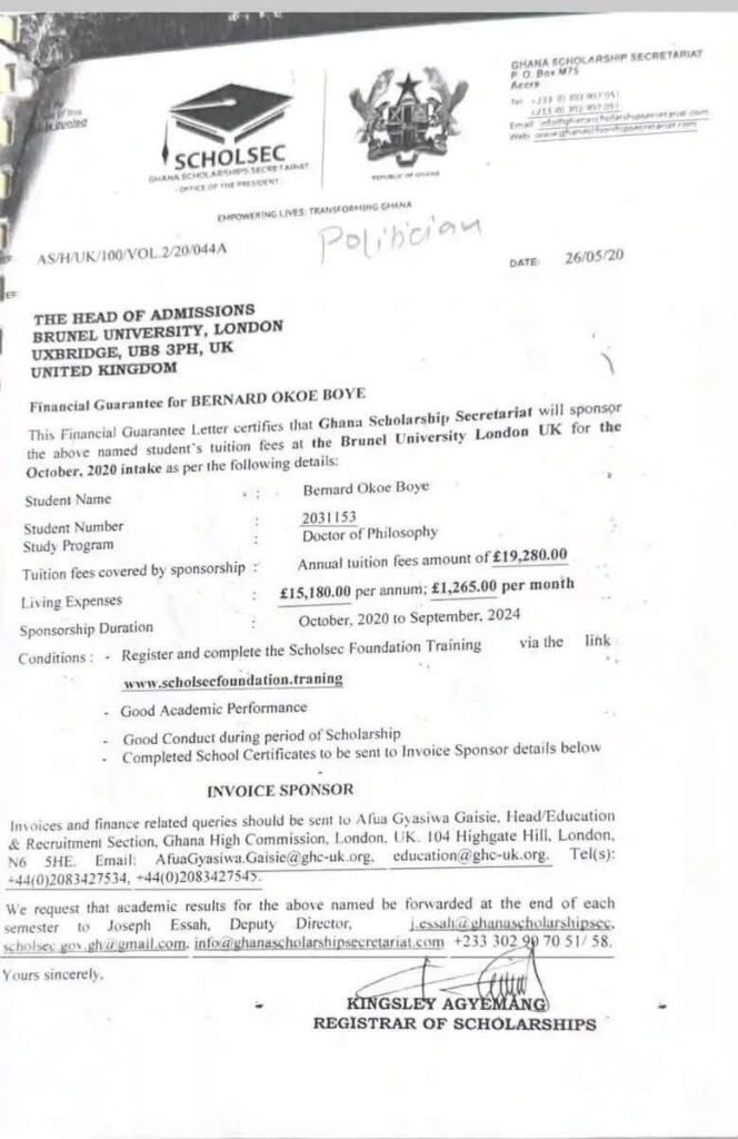 Why A Wealthy Public Official Like Dr Okoe Boye Took Needy Scholarship