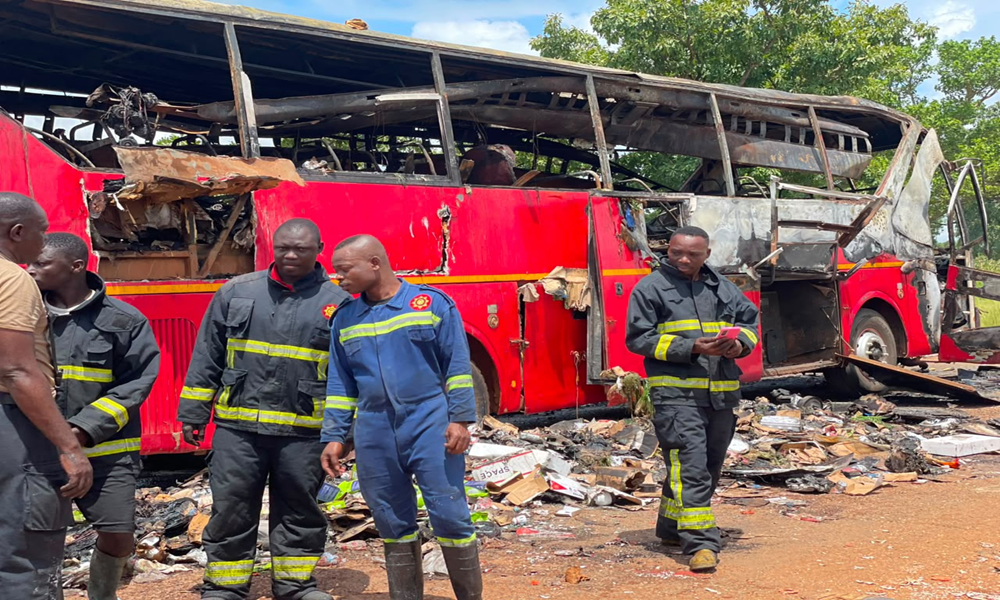 Sixteen passengers narrowly escape death as a Kumasi to Wa Yutong bus catches fire at Gbogdaa on the Bole-Sawla highway, raising urgent safety concerns.